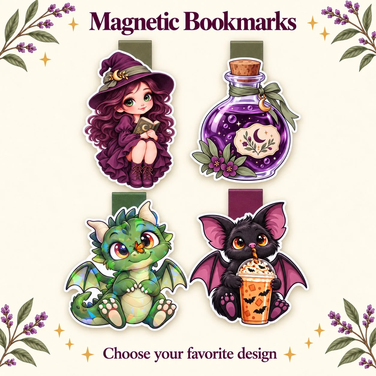 Four double-sided magnetic bookmarks featuring a purple witch, potion bottle, green dragon, and bat with iced coffee on a cream botanical background.