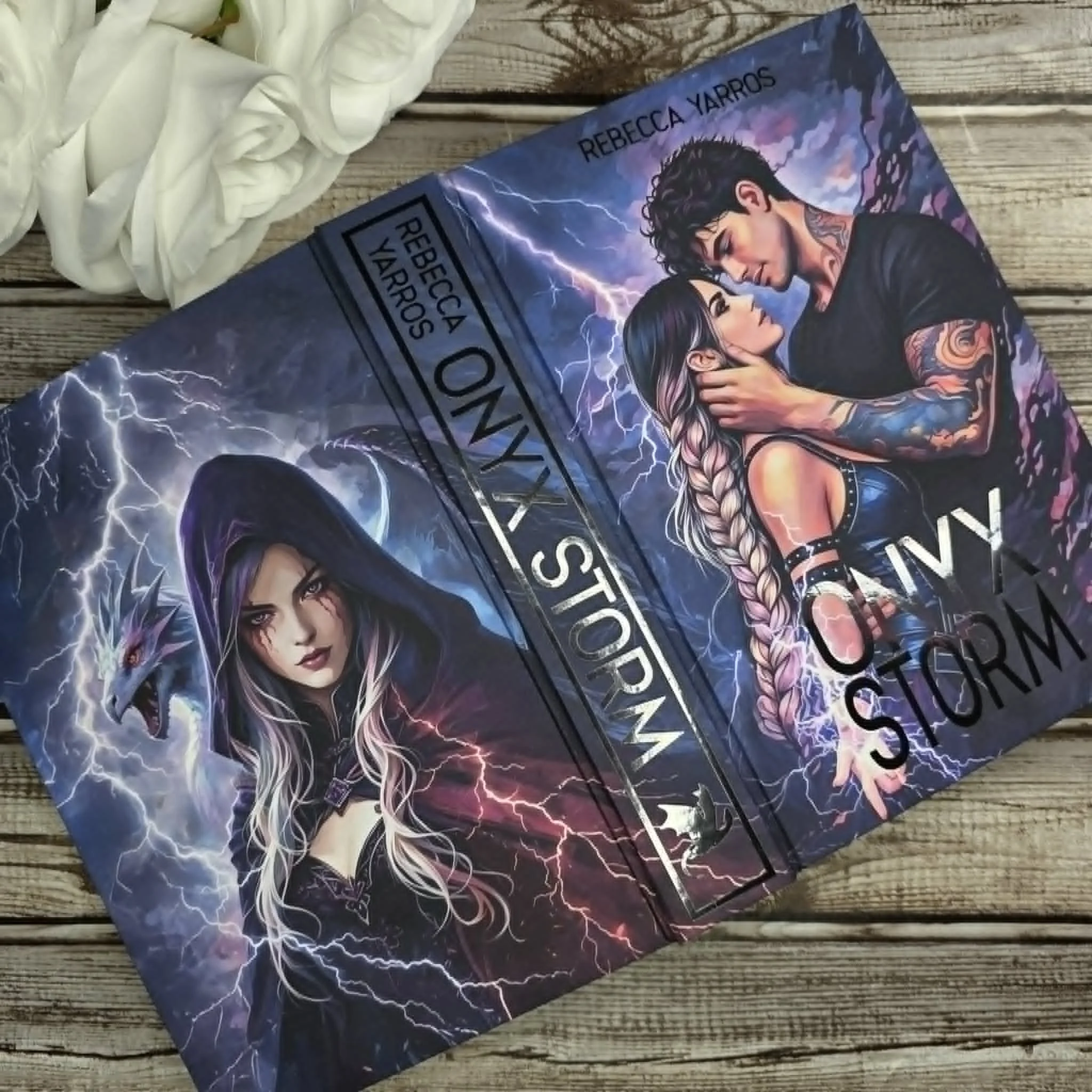 Custom Bound Onyx Storm front and back covers featuring Theophanie and the Wyvern