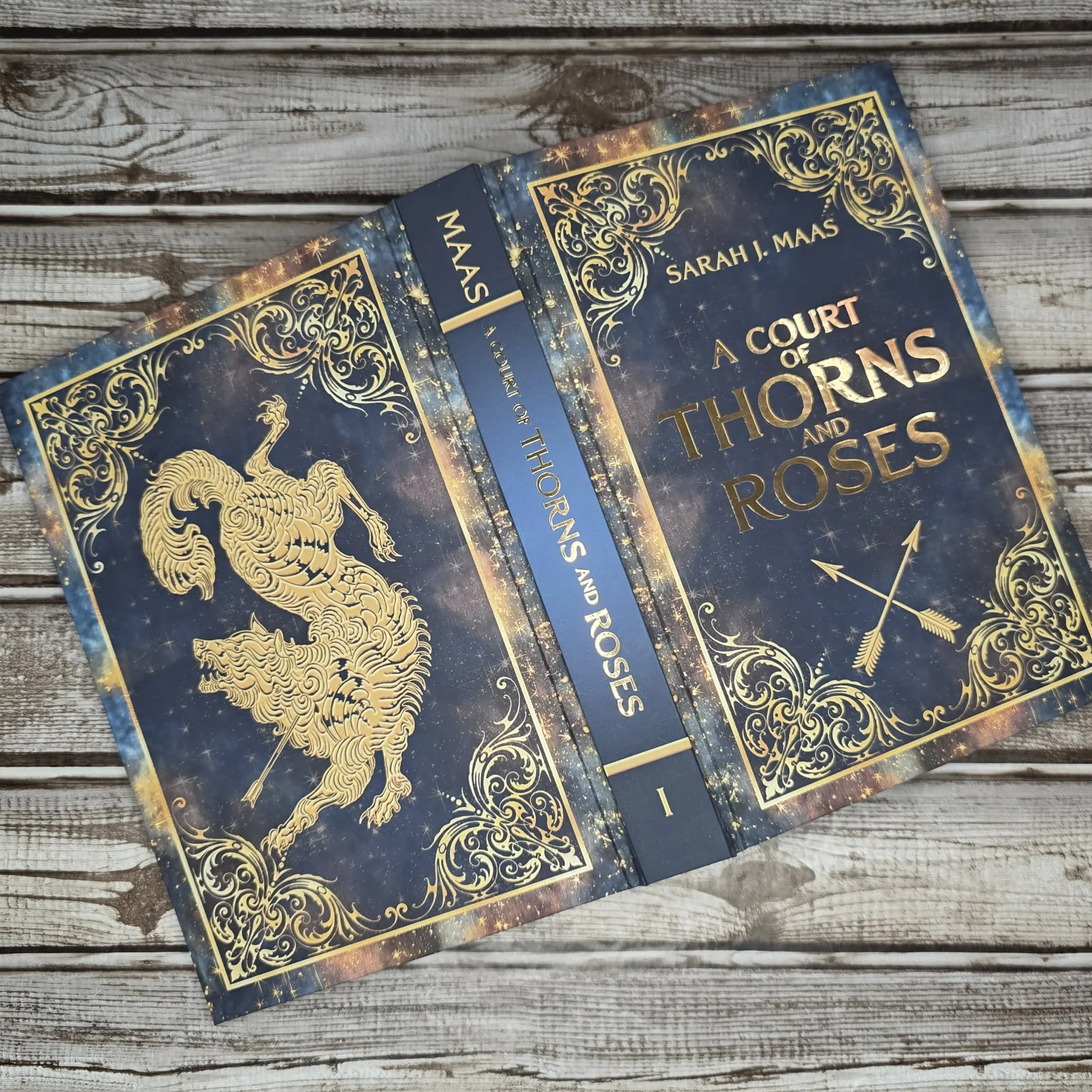 A Court of Thorns Roses Special Edition Cover front and back navy blue and gold