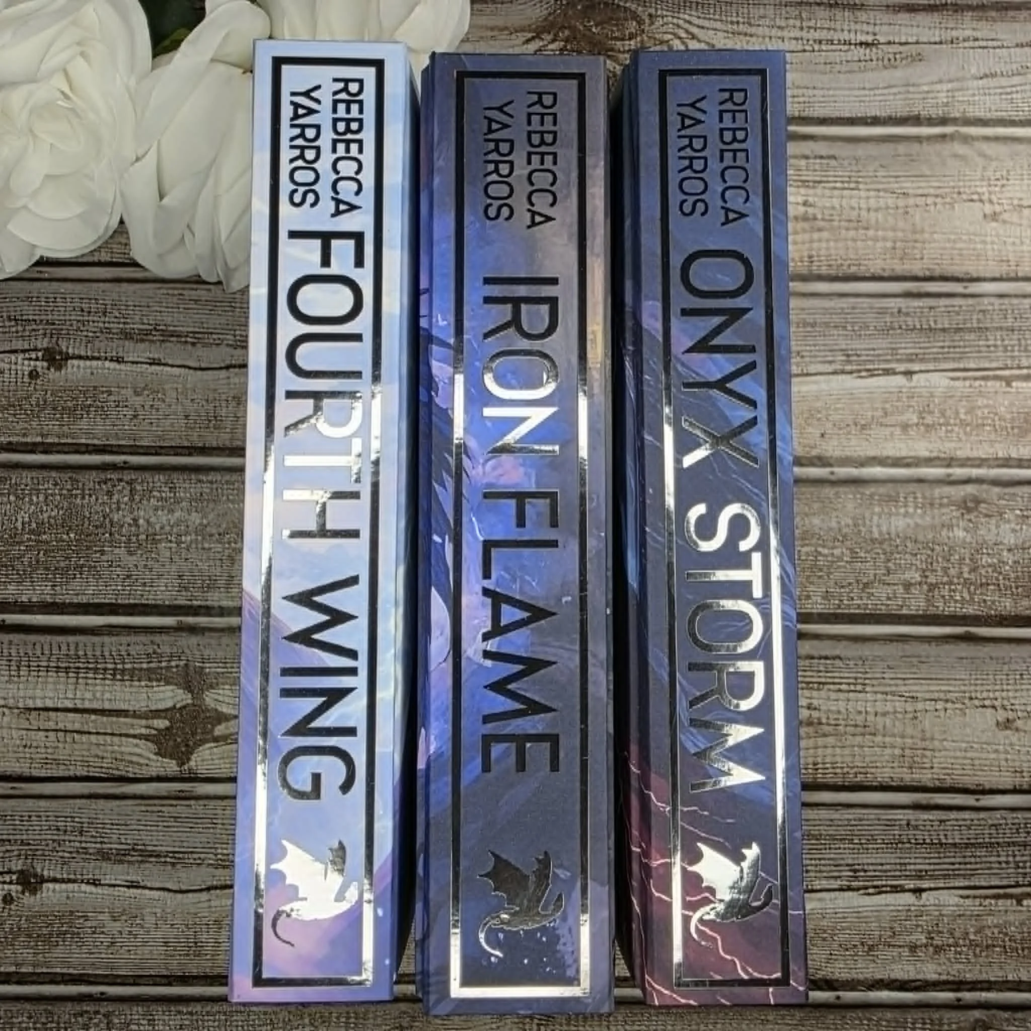 Custom Bound Fourth Wing, Iron Flame and Onyx Storm Book Spines with Black Metallic Lettering
