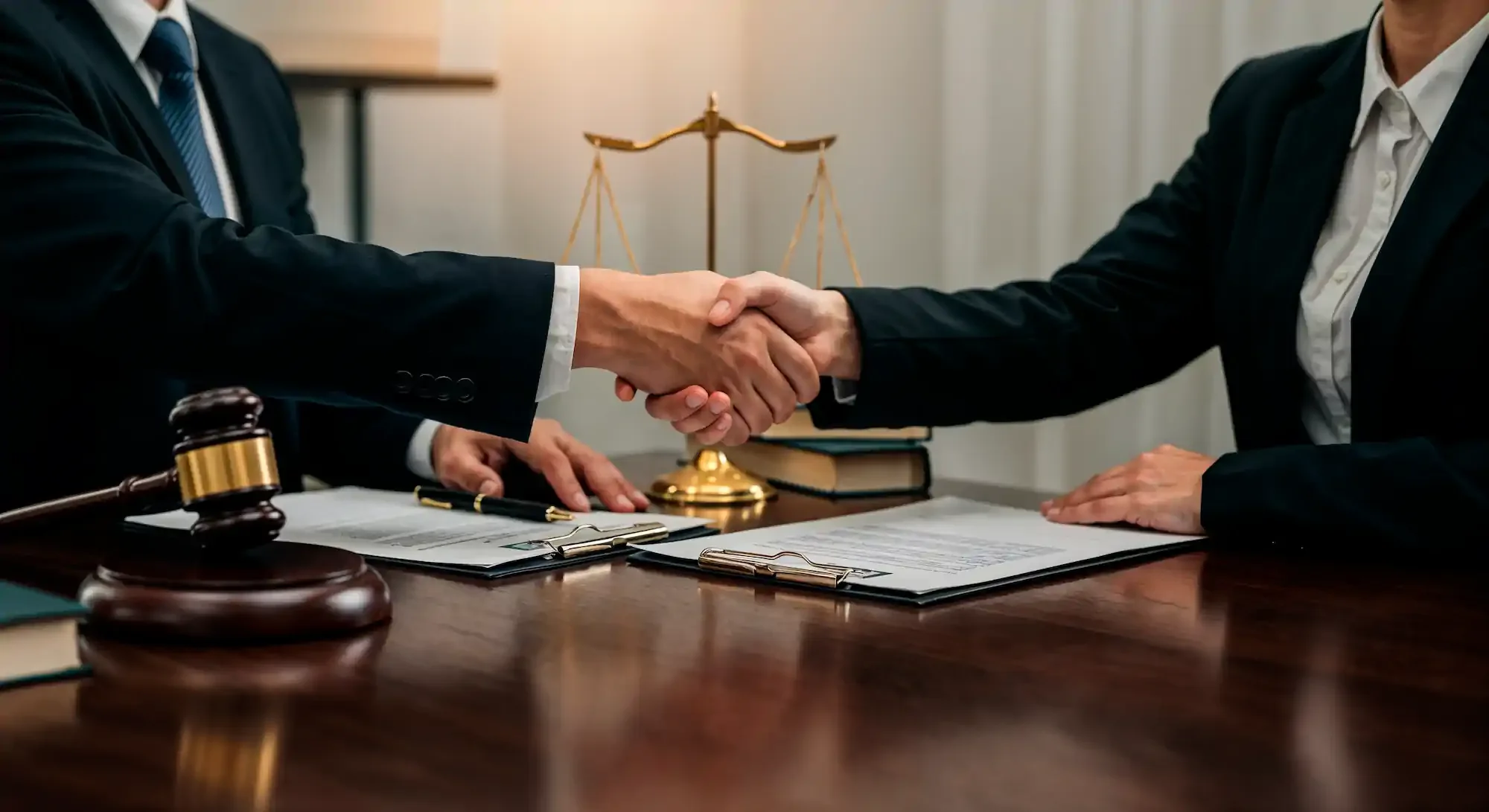 Dos personas con vestimenta formal se dan la mano sobre una mesa de madera en un entorno legal o profesional; sobre la mesa hay documentos jurídicos, un mazo, una balanza de la justicia y libros.