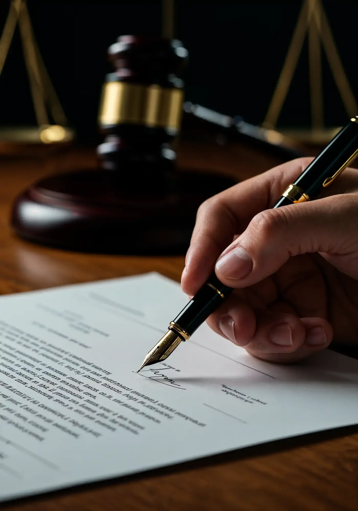 Primer plano de una persona firmando un documento legal con un bolígrafo negro y dorado; de fondo, se observan un mazo de juez y una balanza.