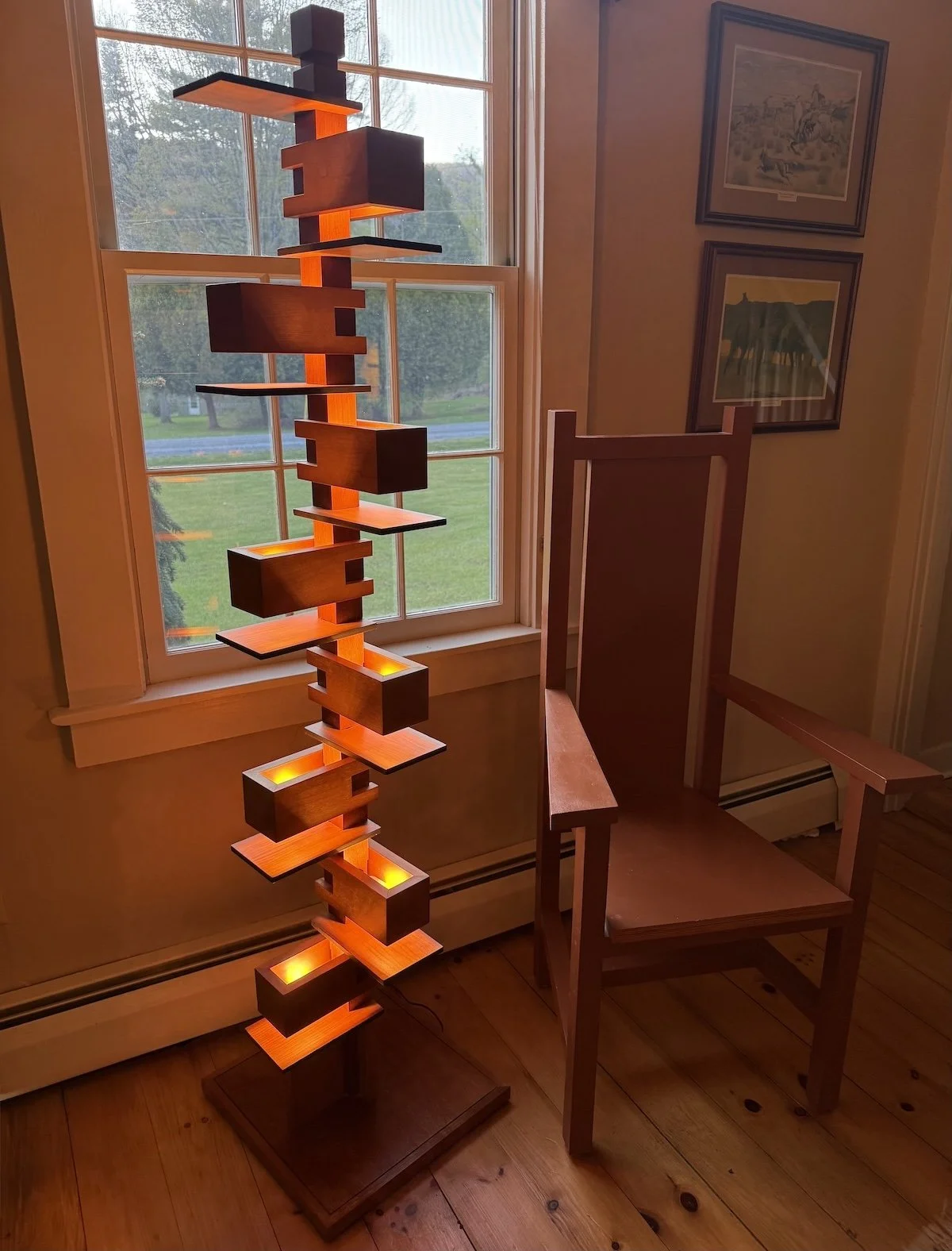 Frank Lloyd Wright-inspired custom lamp by Red Mountain Construction in Arlington, Vermont, front view