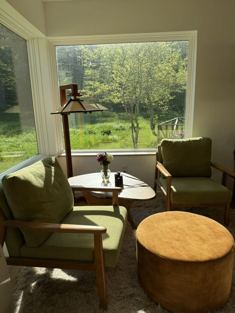 
Bright sitting area with mid-century modern furniture and a floor lamp, overlooking a green backyard through large windows in a custom home in Arlington, Vermont