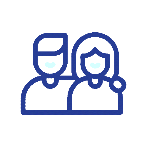 Simple line drawing of two people smiling and wearing face masks.