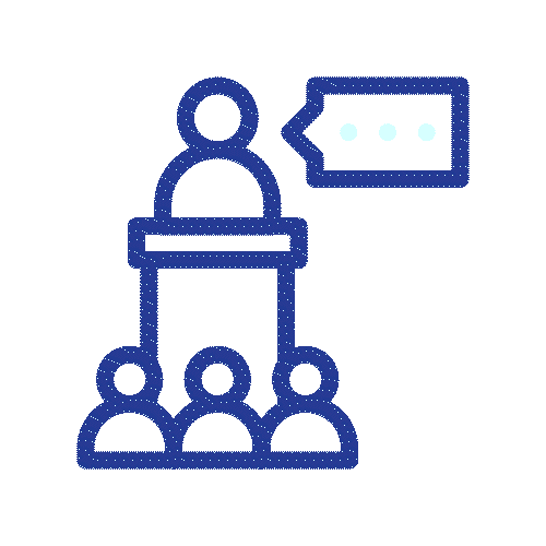 Icon of a person speaking at a podium in front of an audience with a speech bubble.