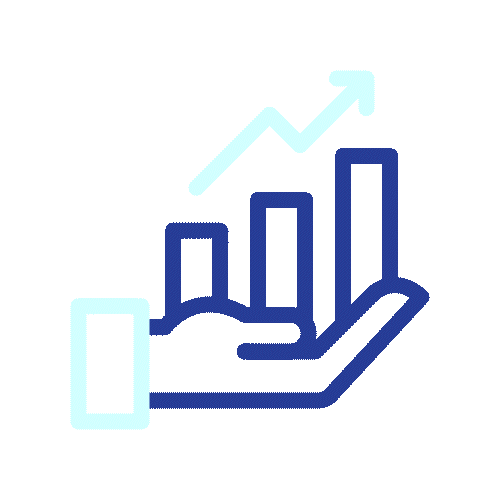 Hand holding a bar chart with increasing bars and an upward arrow.