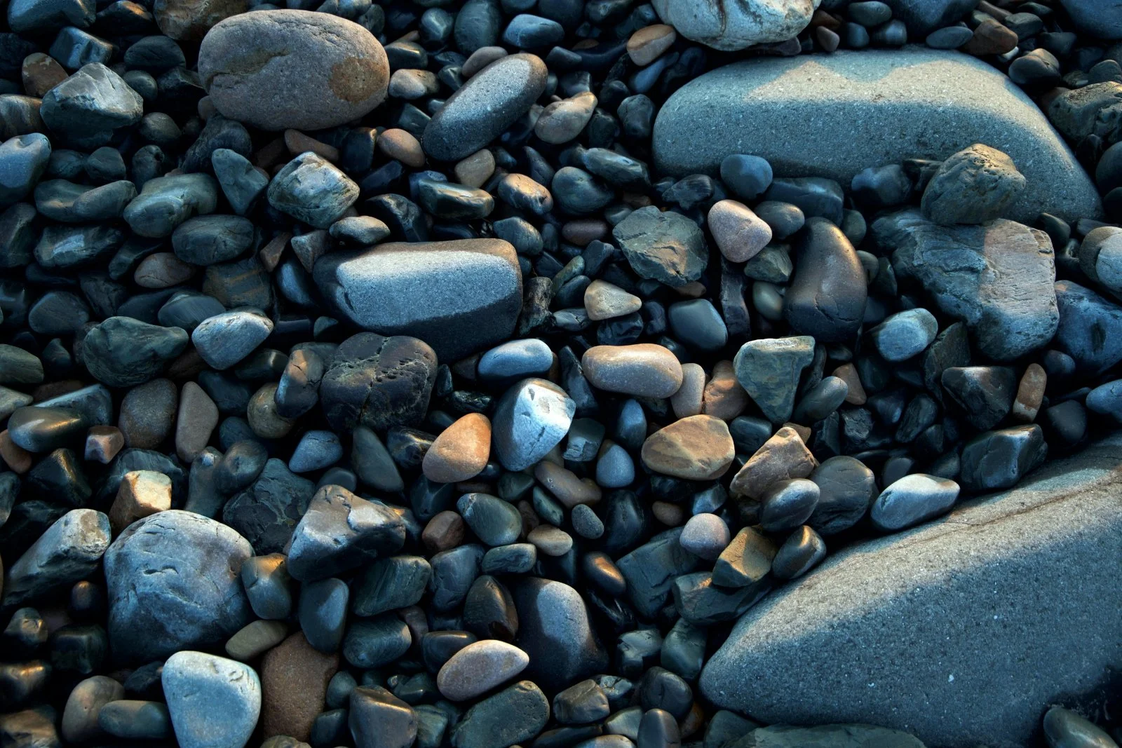 Close-up of various smooth, rounded beach pebbles and rocks on a sandy surface.