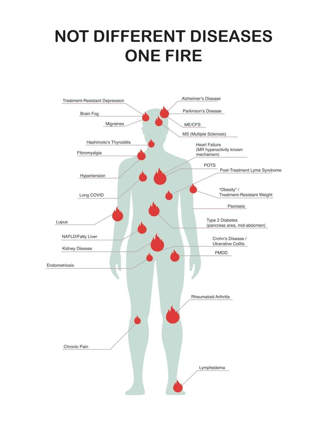 A silhouette of a human body with red flames pointing to various health conditions and diseases, illustrating that different diseases are interconnected.