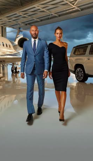 A man and woman walking in a hangar with a private jet and SUV in the background.