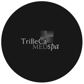 Logo of TriBeCa Med Spa on a black background with square pattern.