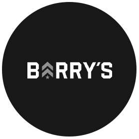 Logo with the text "BARRY'S" in white on a black background, featuring a stylized chevron and star design within the 'A'.