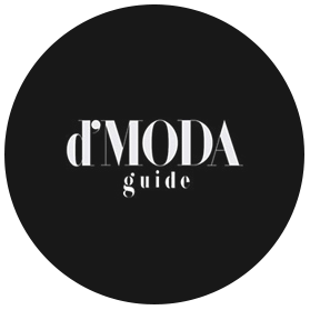 "d'MODA guide" logo on black background