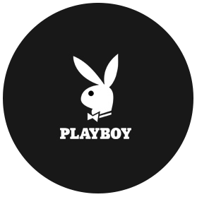 Playboy logo with a white bunny silhouette wearing a bow tie on a black background.
