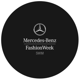 Logo for Mercedes-Benz Fashion Week Swim, featuring the Mercedes-Benz emblem and text on a black background.