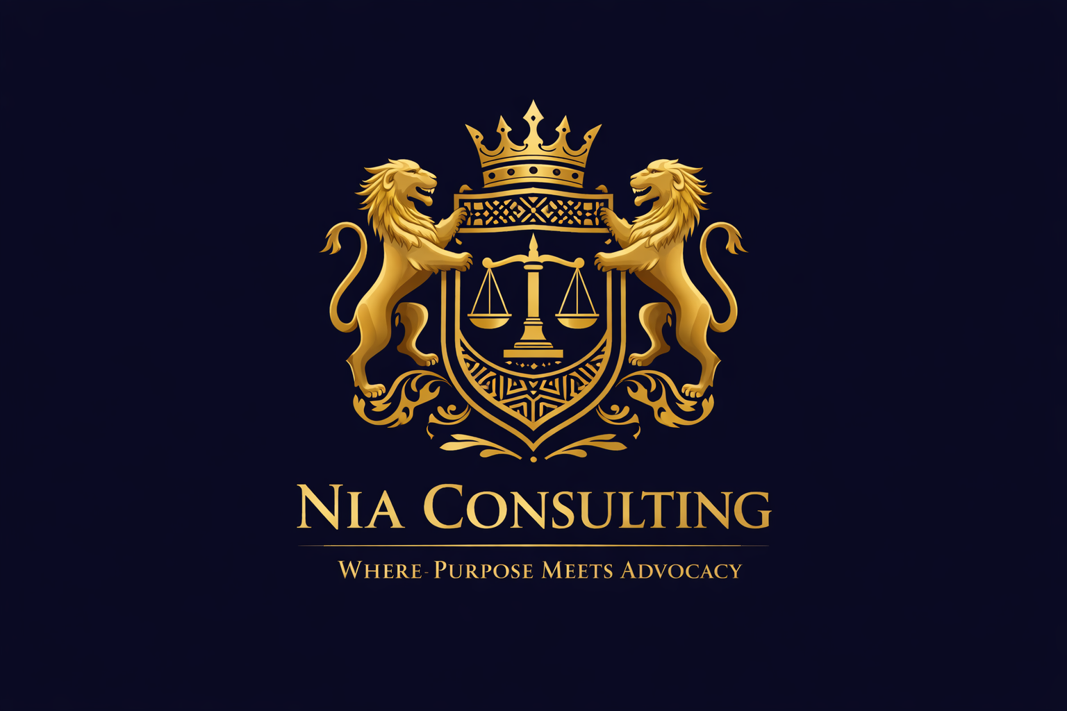 A black background features a gold crest with two lions holding a shield that contains a balance scale, topped with a crown. Below, the text reads "Nia Consulting" with the tagline "Where Purpose Meets Advocacy."