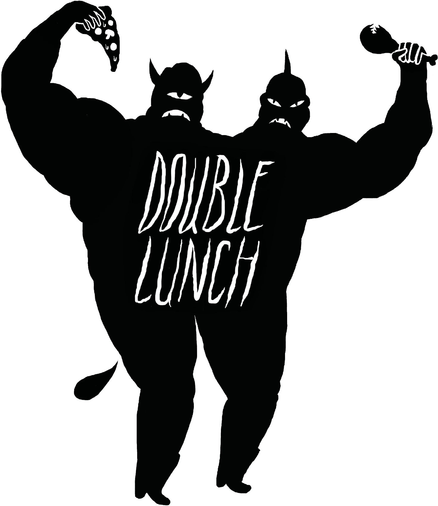 Black cartoon of a tall person raising their giant biceps above their two heads. In their hands are a slice of pizza and a chicken wing, and there is a small fart drip near their butt. Double Lunch is written across their chest and belly.