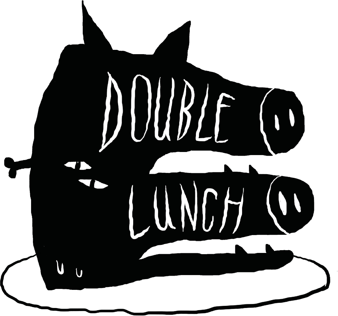 Double Lunch logo with two snouts on one pig head laying on a platter. Black.