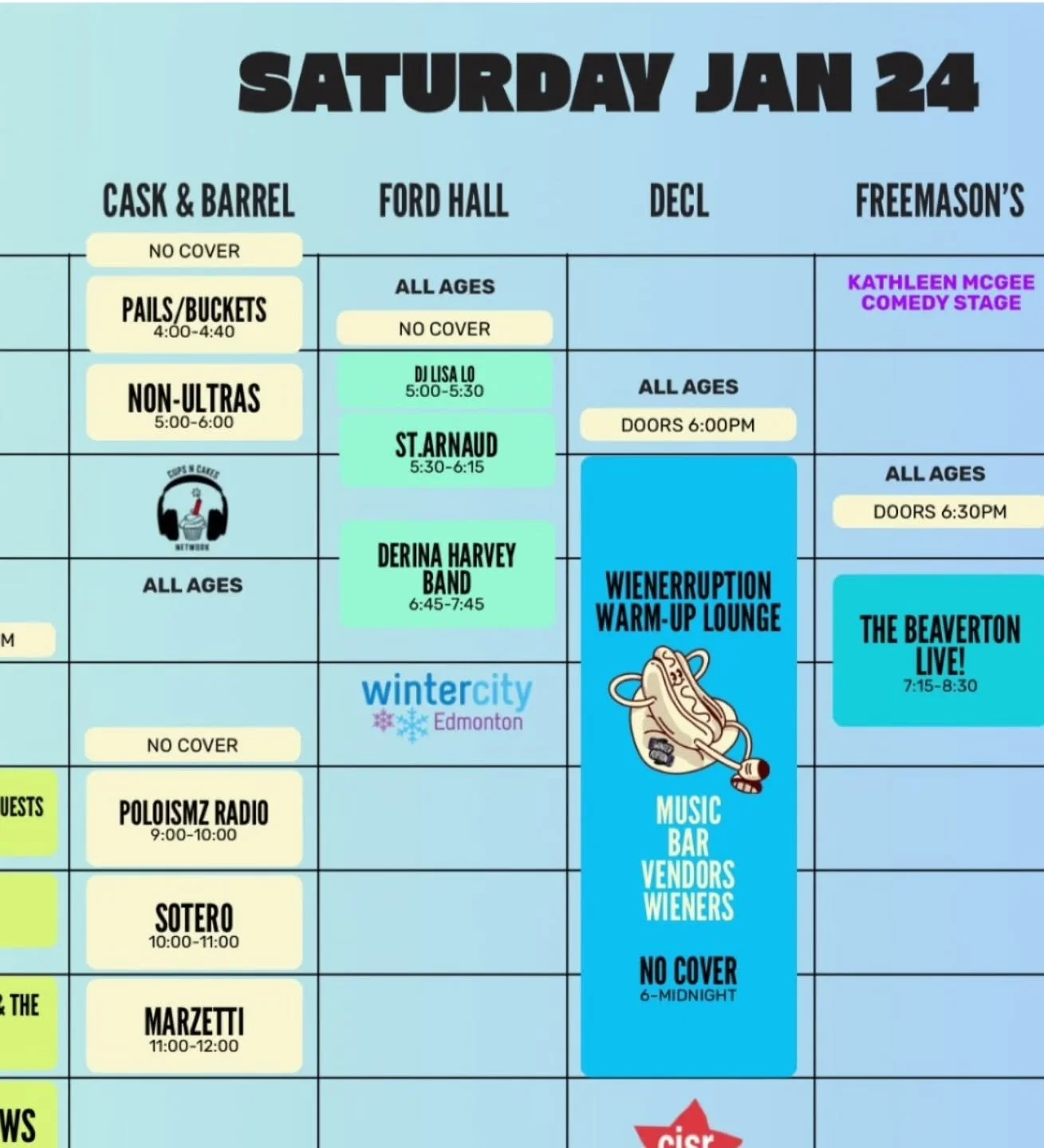 While our role in Winterruption is over, here are some of the shows we are excited about for today:

Our pals at @cupsncakesnet are doing a. Free afternoon show with Non-Ultras and Pails/Buckets. Both super cool Alberta bands! 

Them our favorite pop