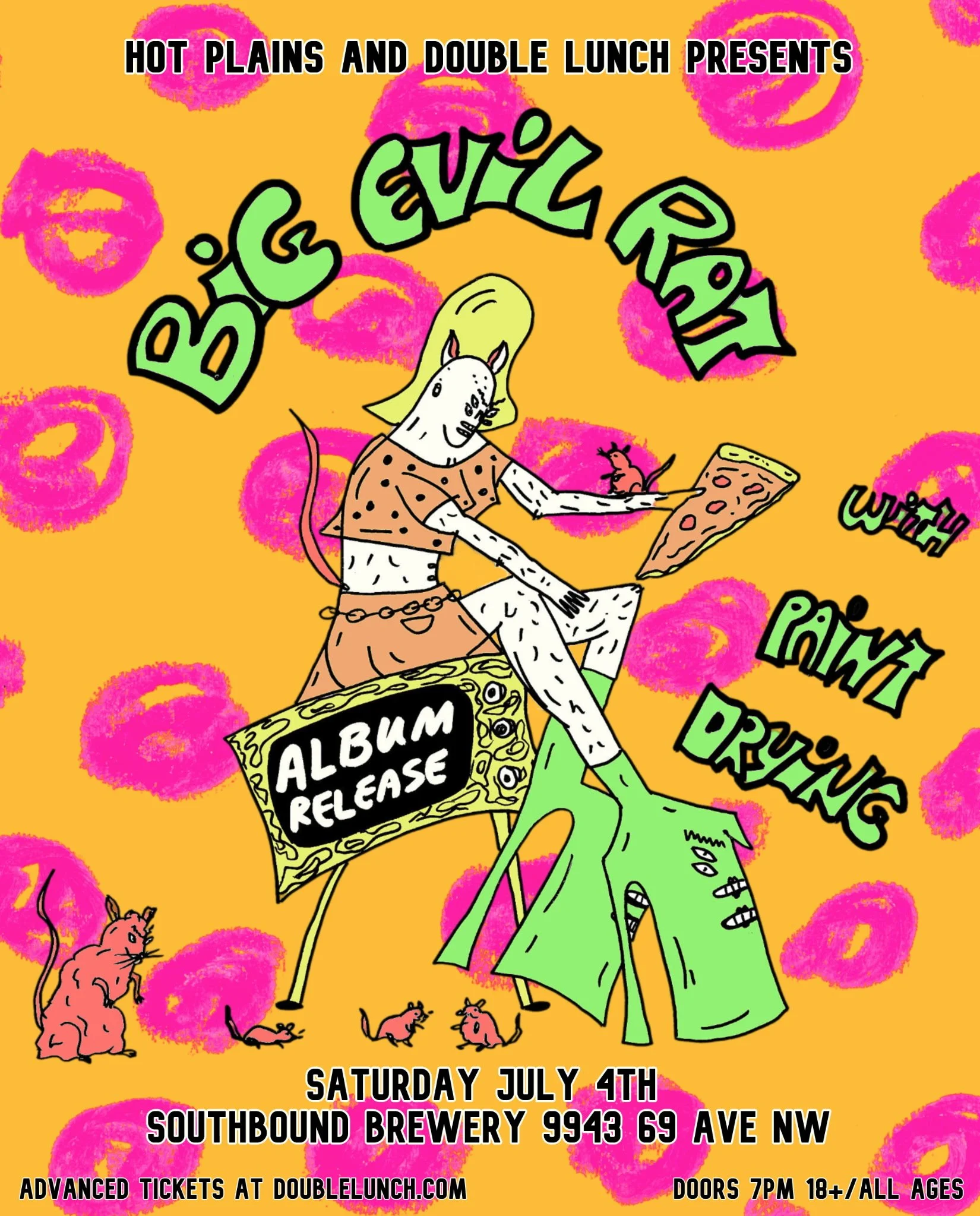 Big Evil Rat event poster for local music. Vibrant colours with an orange background with a polka-dot pattern made of lips over it. main text is lime, image in the center is of a rat-like cartoon sitting on a tv set with pizza and lime platform boots