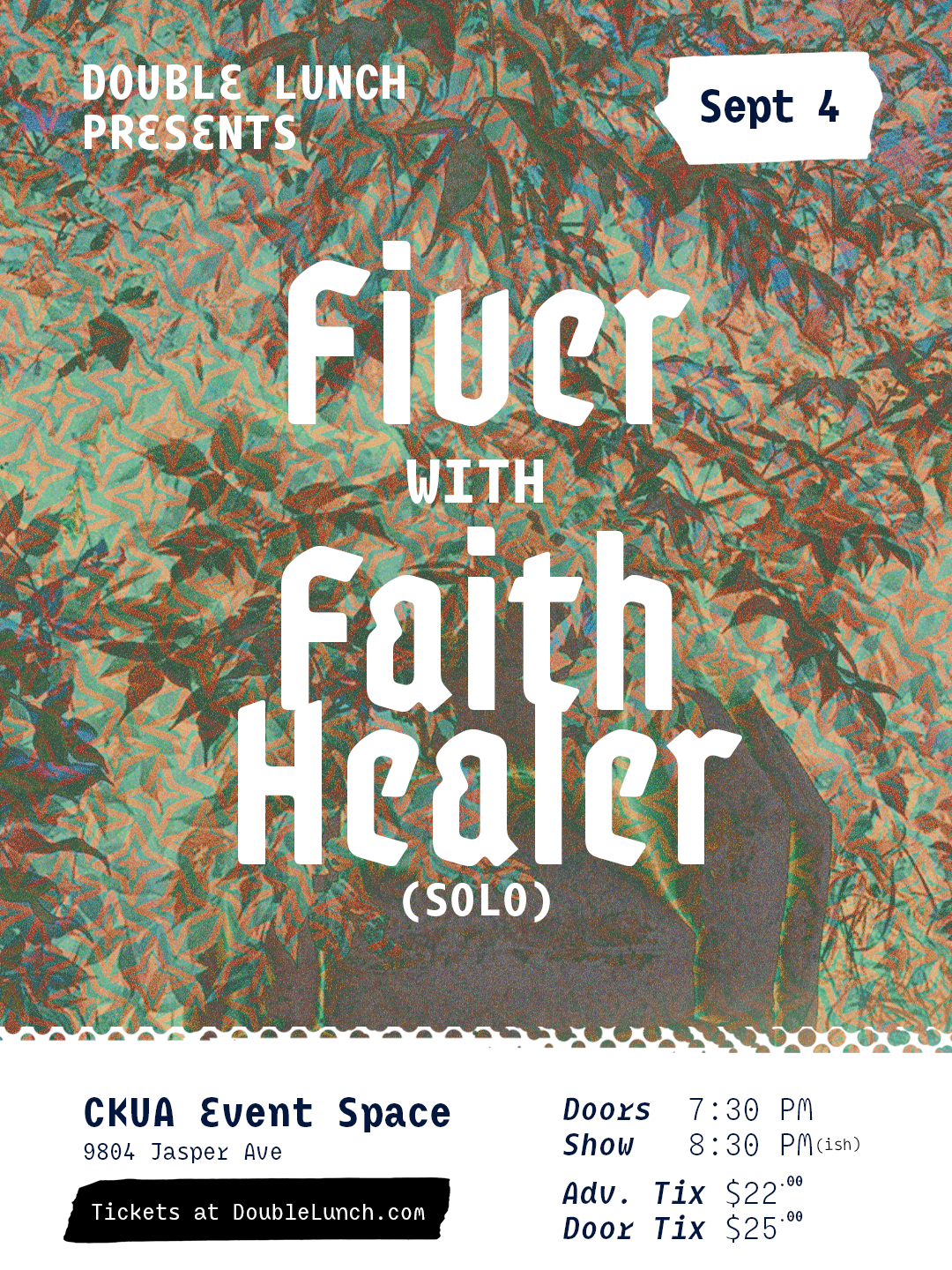 Fiver & Faith Healer Poster - Photo of abandoned armchair in an overgrown bush, overlayed with a pattern of teal diamond stars. Text is gothic style, all in white except the details in a white textured text box at the bottom with the show details. 