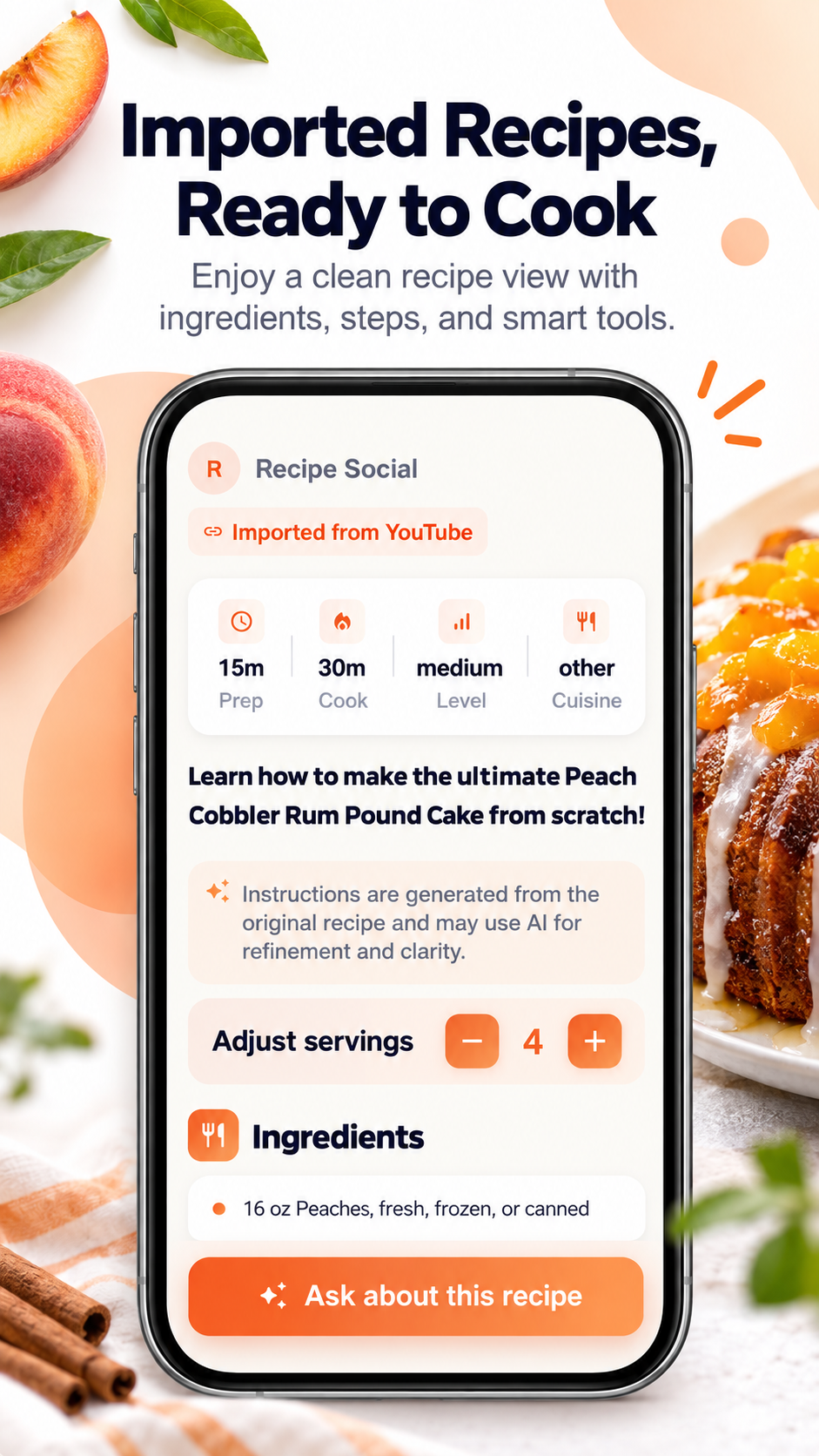 Imported recipes with organized ingredients, instructions, and adjustable servings.