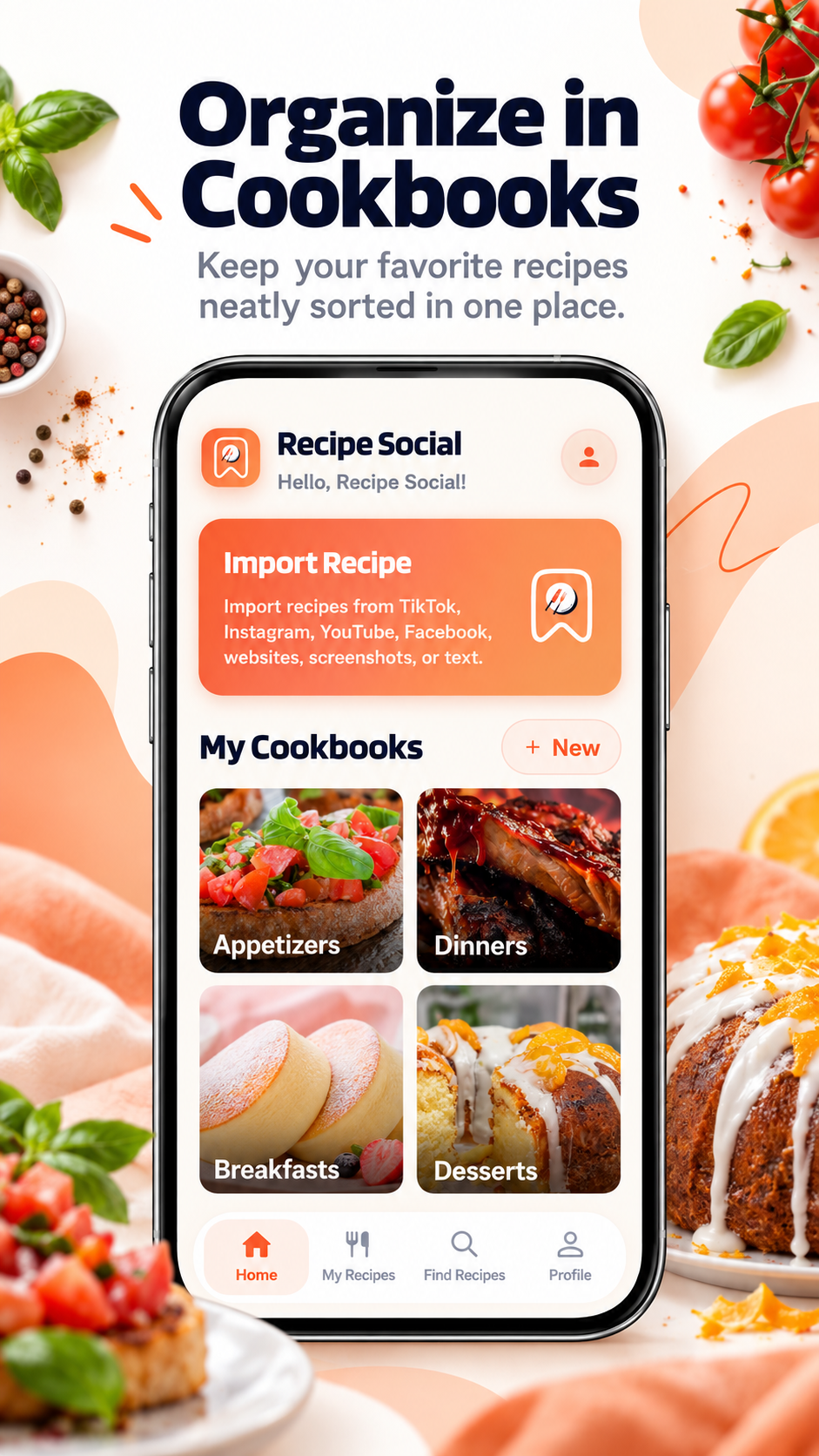 Organize saved recipes into private cookbooks in the current Recipe Social app.