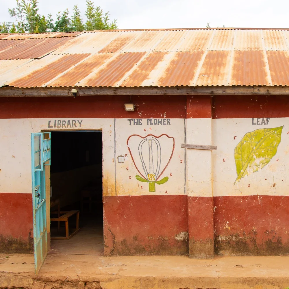 Kiteta primary school library with murals of flower and leaf on the outside walls.