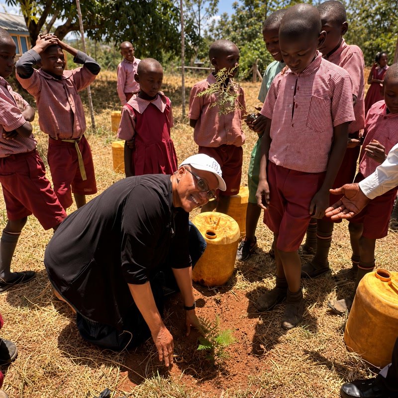Pauline helping the Kiteta students plant trees
