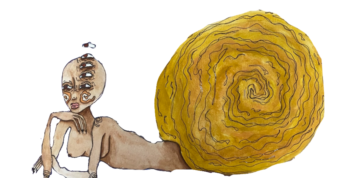 A surreal illustration of a creature with a snail shell for a body, multiple eyes on a head with three faces, and a hand resting on one face, set against a black background.