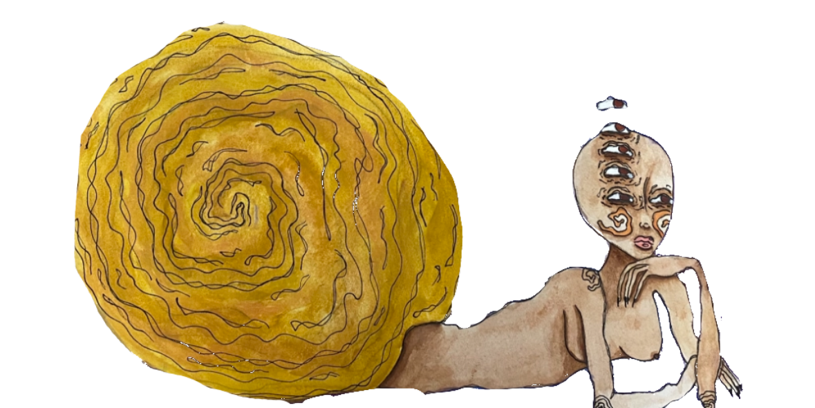 A surreal illustration of a snail with a human face and a fiery orange shell, resting on a humanoid creature with a distorted face, an elongated neck, and bizarre features.