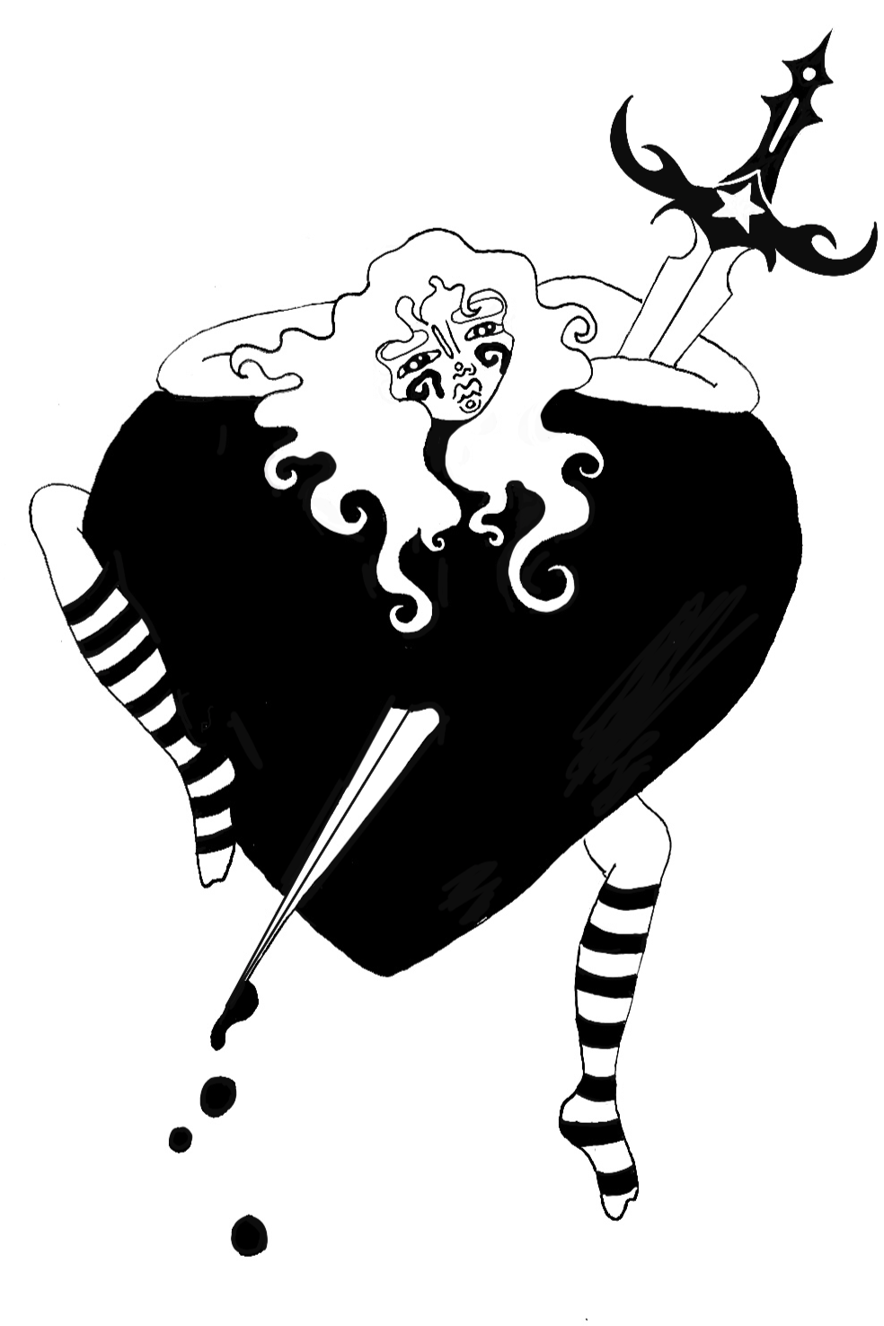 Black and white illustration of a woman with curly hair, holding a sword, sitting inside a large heart with dripping ink, wearing striped stockings.