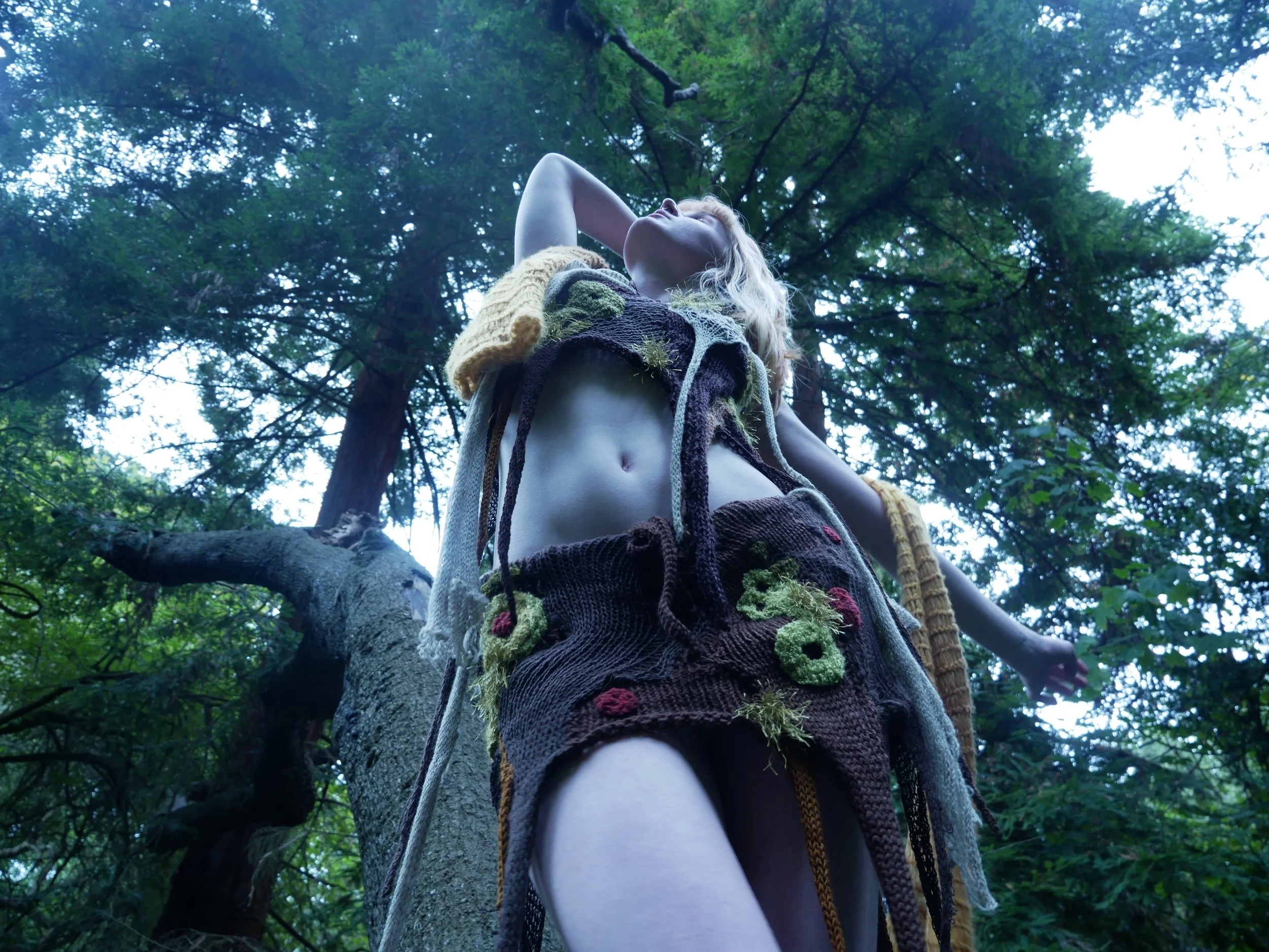 A woman stands on a tree branch in a dense forest, looking upward with one arm raised above her head and the other extended out. She wears a patchwork outfit made of knitted fabrics with green and red accents, and she appears to be barefoot.