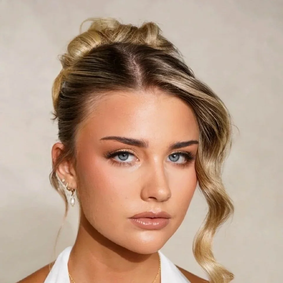 Close-up of a woman with blue eyes, blonde hair styled in loose waves, wearing makeup, earrings, and a white top.