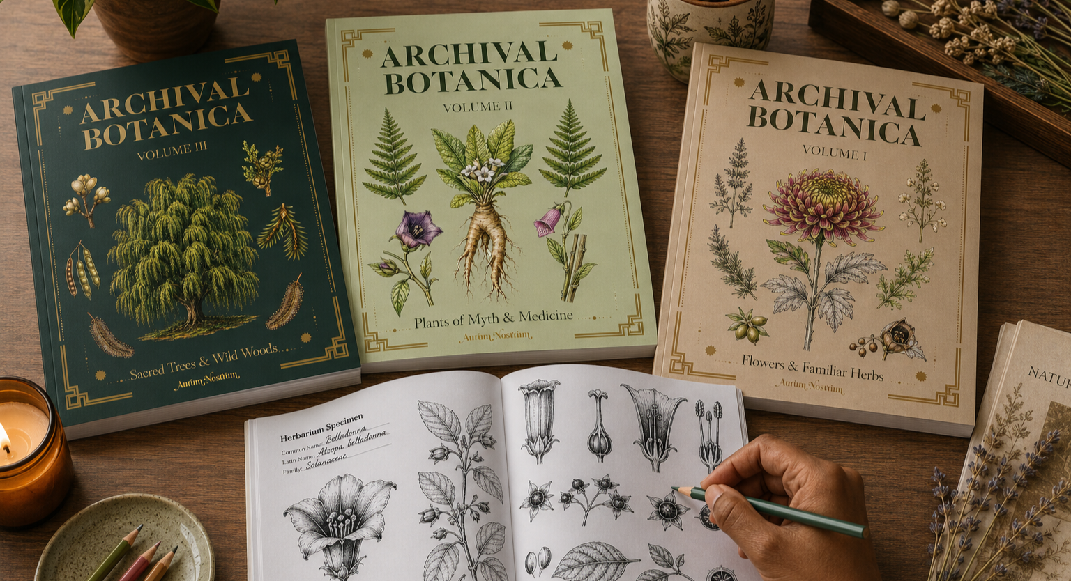 Three botanical books titled "Archival Botanica" Volume I, II, and III, laid out on a wooden table, each featuring detailed botanical illustrations on the covers. An open herbarium notebook with sketches of flowers and plant specimens is in the foreground, with a hand sketching. Surrounding objects include candles, potted plants, and dried flowers.