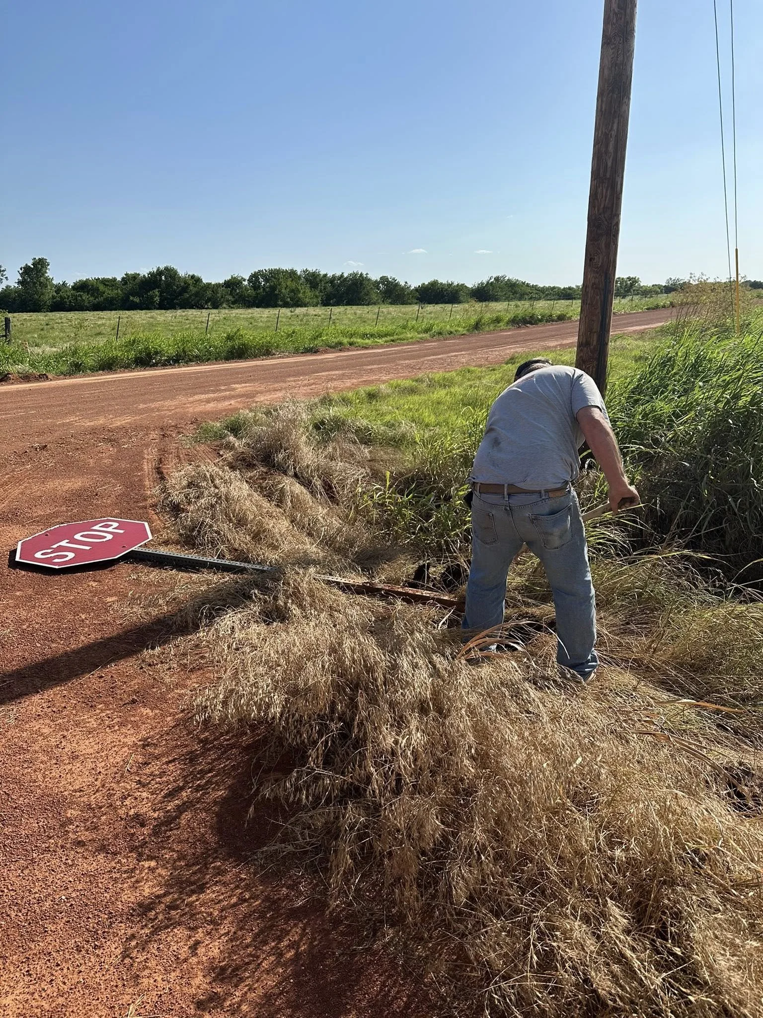 A person wearing a gray shirt and jeans is fixing or inspecting a fallen stop sign on a dirt road. The roadside has dry grass, and a utility pole is nearby. The background features green trees and a clear blue sky.