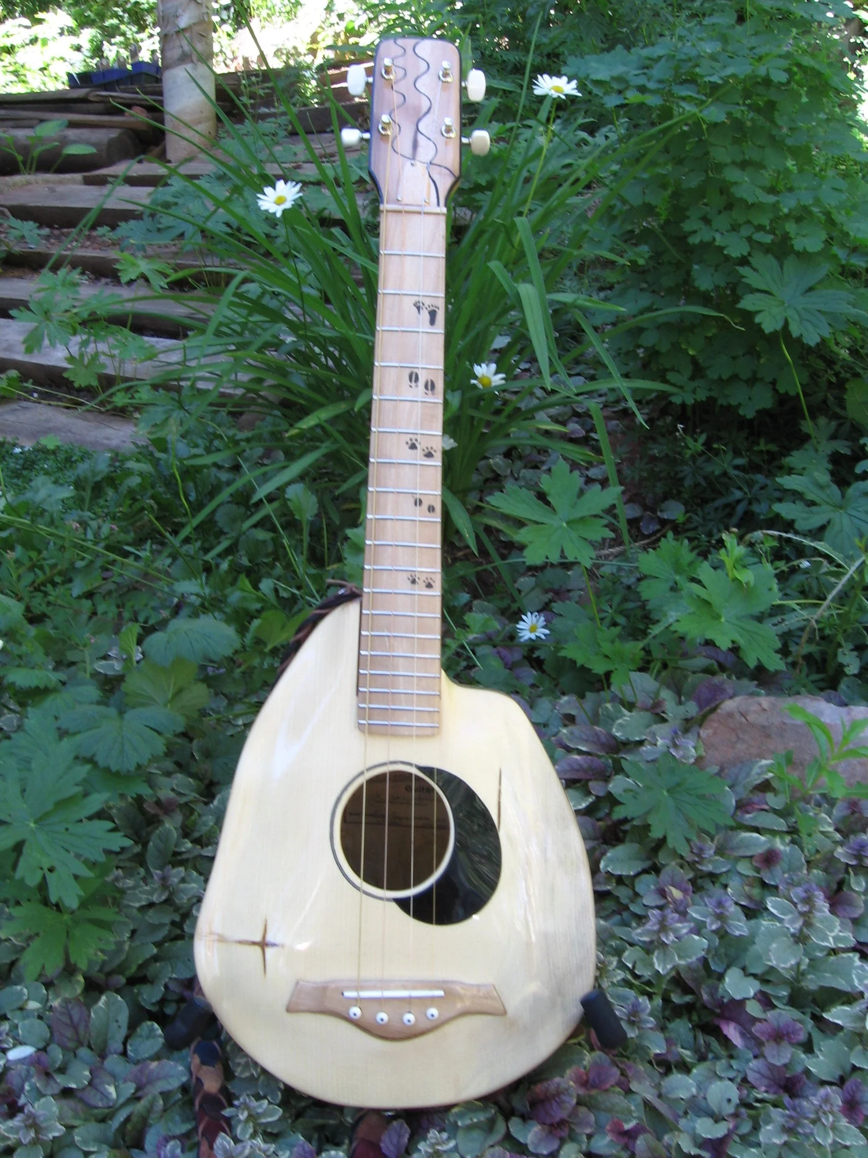 tenor guitar made from spruce burl, hand carved, fixed bridge, custom made by Elaine Moulton, luthier, Immortal Guitars, maple fretboard with custom inlay of animal prints. Headstock with ski tracks.