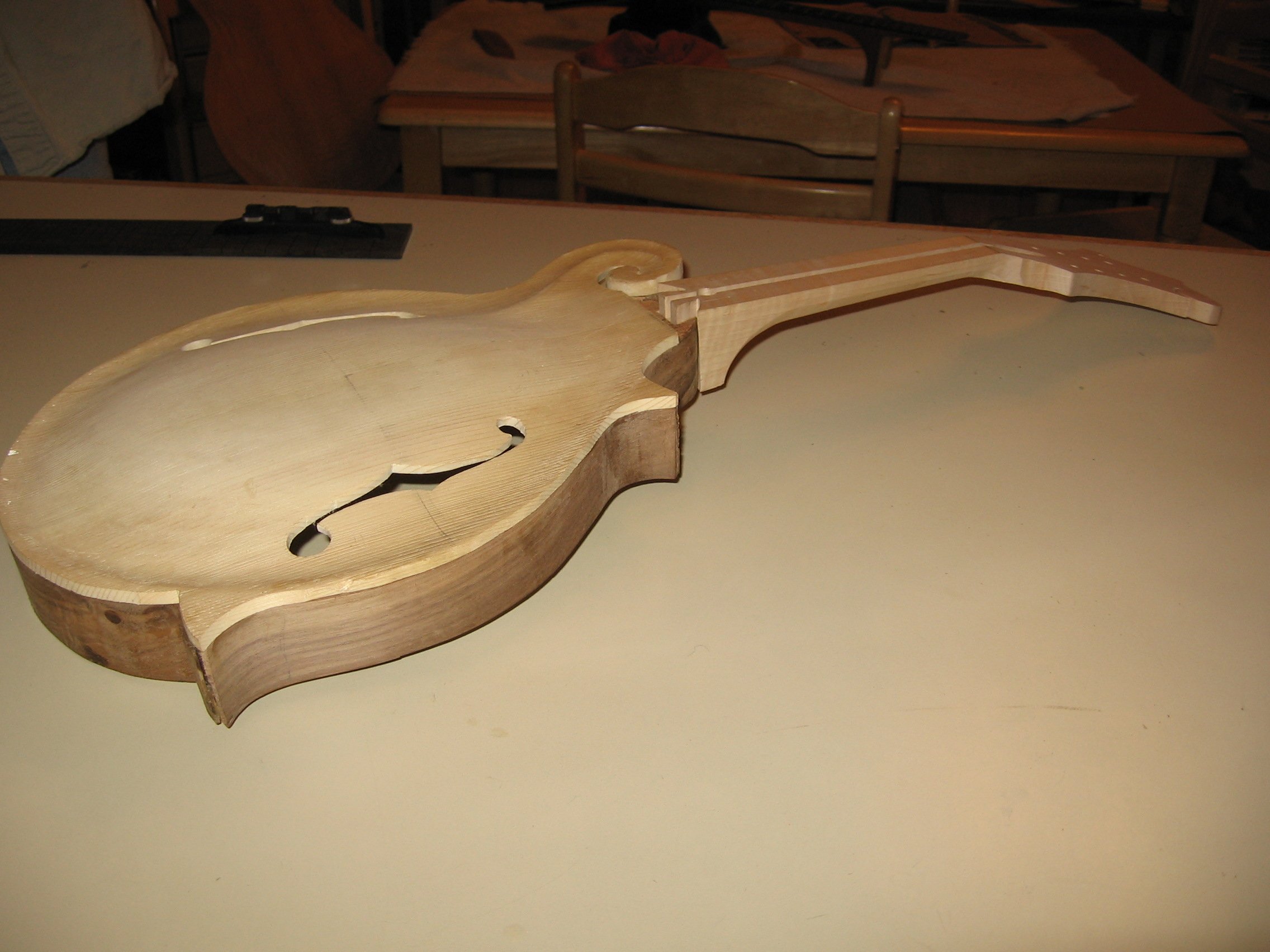 unfinished mandolin, spruce top, hand carved archtop by Mike Moulton, luthier at Immortal Guitars