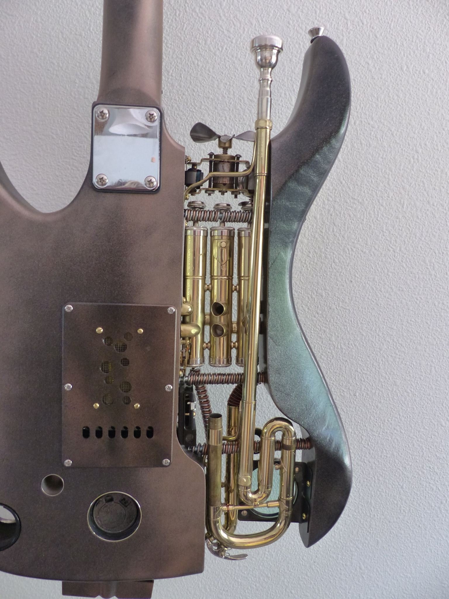 Back of the  custom made Immorgal Guitars Trumpet Steampunk Guitar