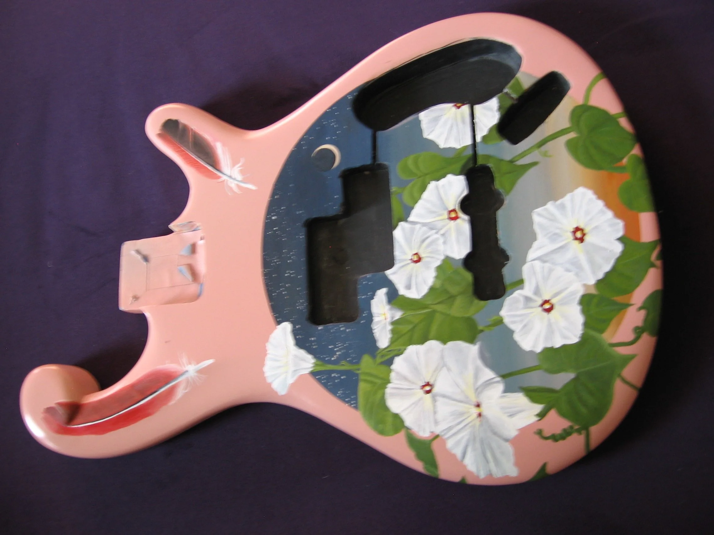 Custom electric bass guitar back with morning glory flowers, night sky, with moon and stars by Immortal Guitars.