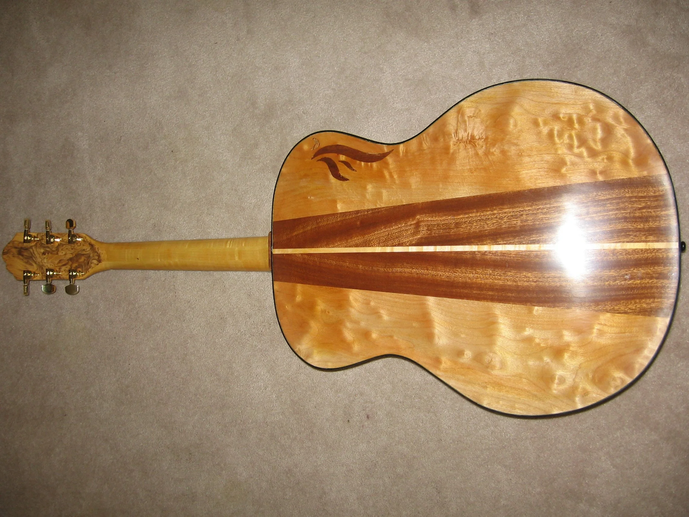 Custom hand carved archtop, maple and sapele, wood, unique inlay, made by Elaine Moulton, luthier, Immortal Guitars