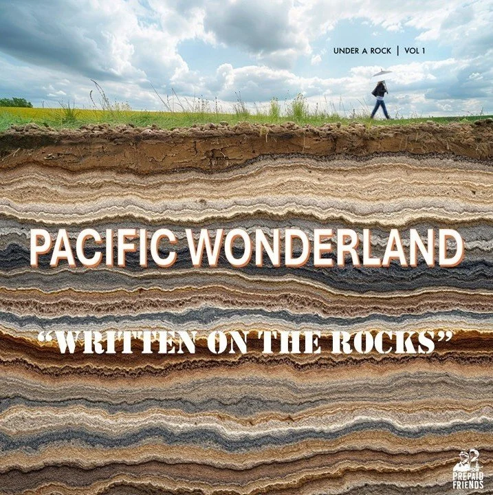 Cover image of a book titled "Pacific Wonderland: Written on the Rocks" by Prepaid Friends. The top of the image shows a person walking with an umbrella under a cloudy sky, above a cross-section of layered rocks.