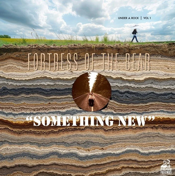 Cross-section of layered rocks with a circular cutout showing a bear walking on a path surrounded by trees, overlaid with text and a person walking with an umbrella in a grassy field under a cloudy sky.