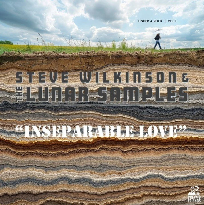 Cover of the book 'Unbreakable Love' by Steve Wilkisonne, part of the 'Under a Rock Volume 1' series, featuring a cross-section of layered lunar samples and a person walking outdoors with an umbrella against a cloudy sky.