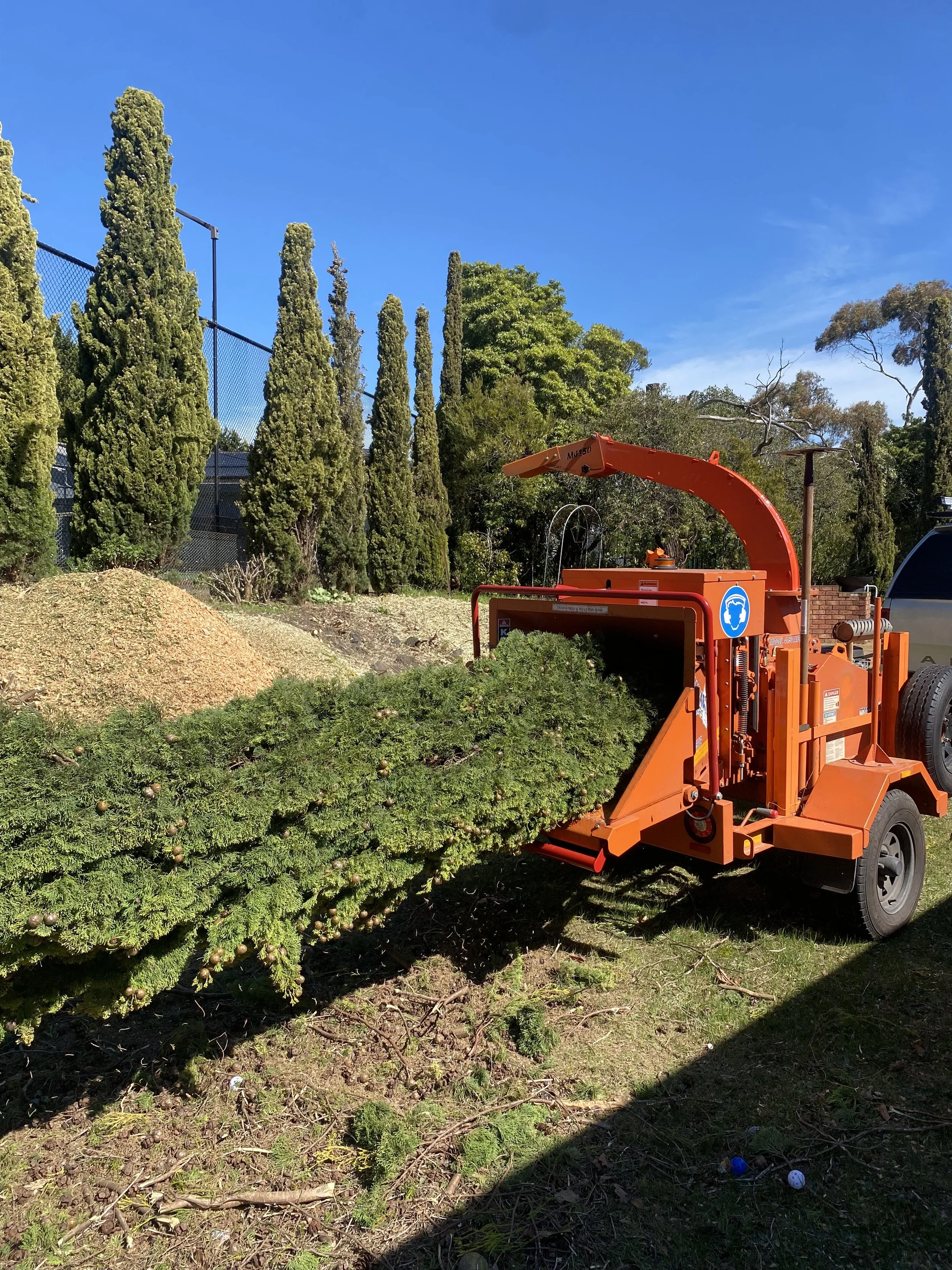 A small orange wood chipper machine is in a garden area with a hedge of bushes, trees, and a blue sky in the background.