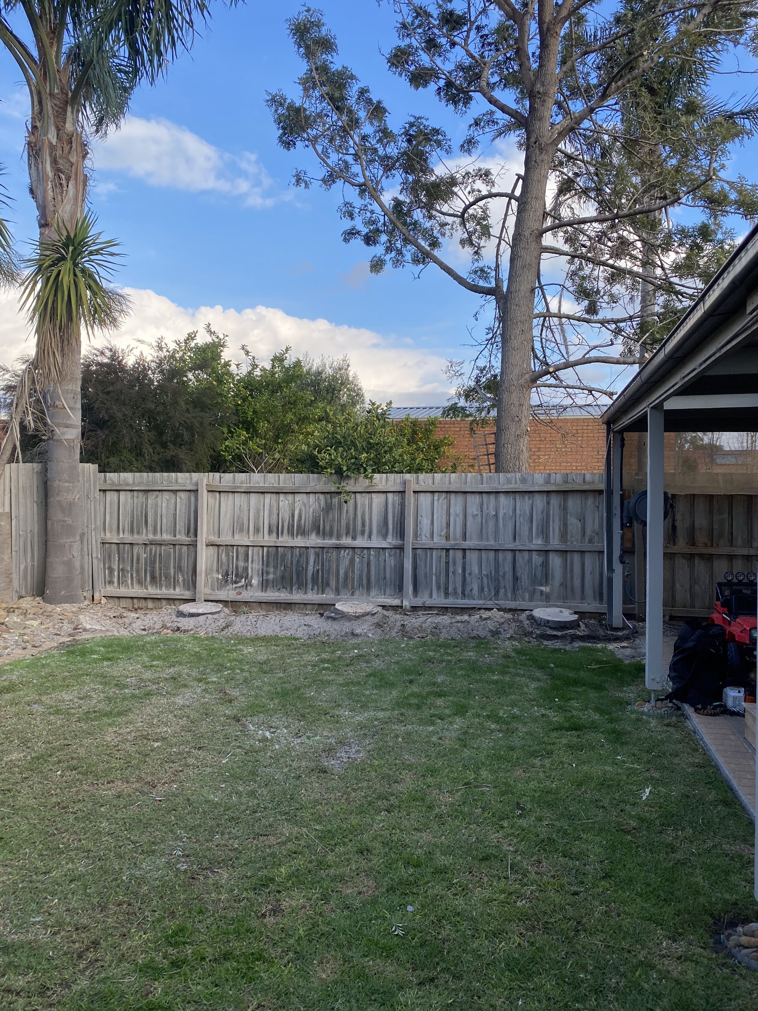 A backyard view with a wooden fence, a grassy lawn, a tree with bare branches, another tree with green leaves, and part of a house with a covered patio on the right side. The sky is partly cloudy with a blue background.