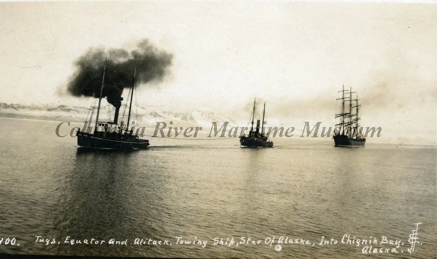 Three ships at sea, with the leftmost ship emitting black smoke from its smokestack, labeled as a tug, a cruiser, and a sailing ship near Alaska's Chignik Bay.