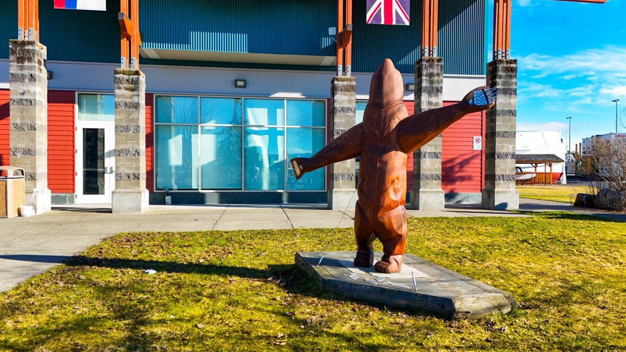 A wooden sculpture of a bear on its hind legs with outstretched arms in front of a modern building with red, blue, and gray walls and a Union Jack flag hanging above.