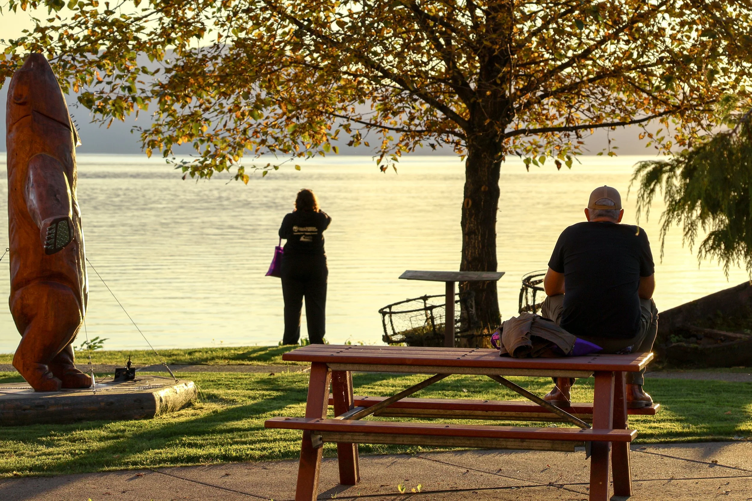 People sitting and standing near a tree by the water during sunset, with carved wooden sculpture and benches in the scene.