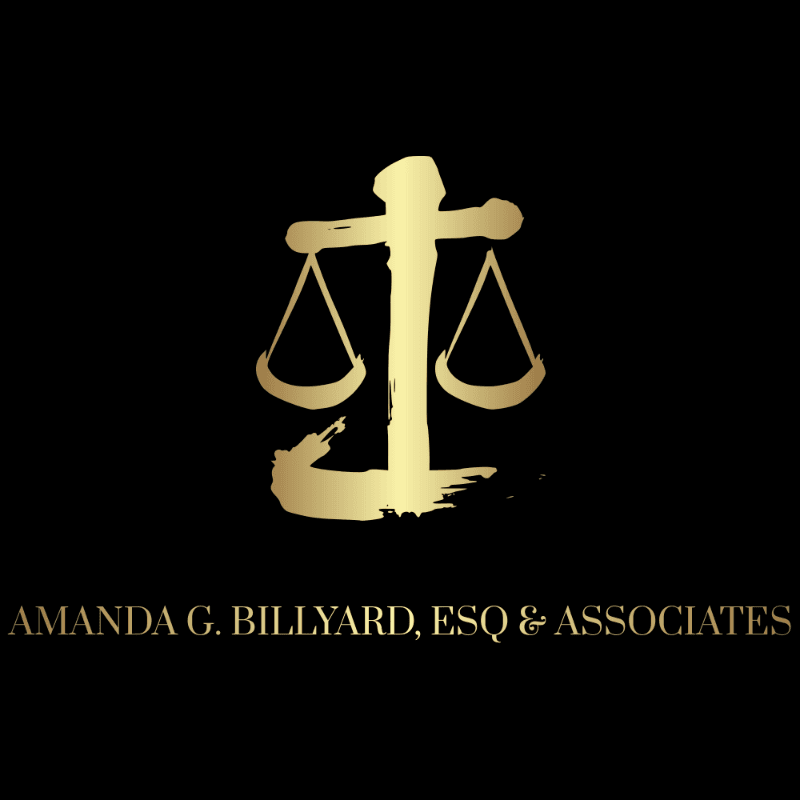 Gold scales of justice symbol on black background with gold text reading 'Amanda G. Billyard, ESQ & Associates'.